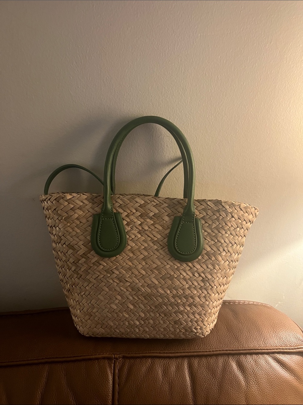 Mango Woven Straw Tote with Green Handles